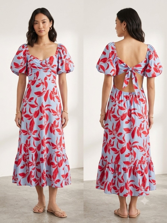 Vici Dresses & Skirts - VICI Blue & Red Floral Puff Sleeve Maxi Dress Sz M Cottagecore Vacation